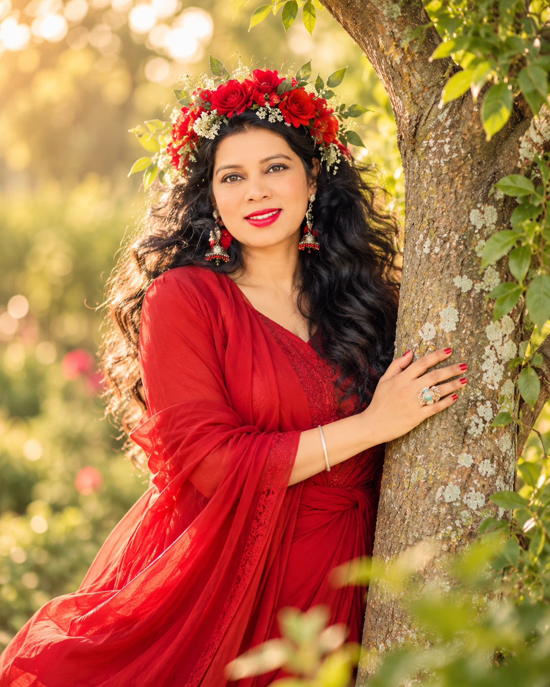 Dr. Bindu in a red gown and rose crown beside a tree