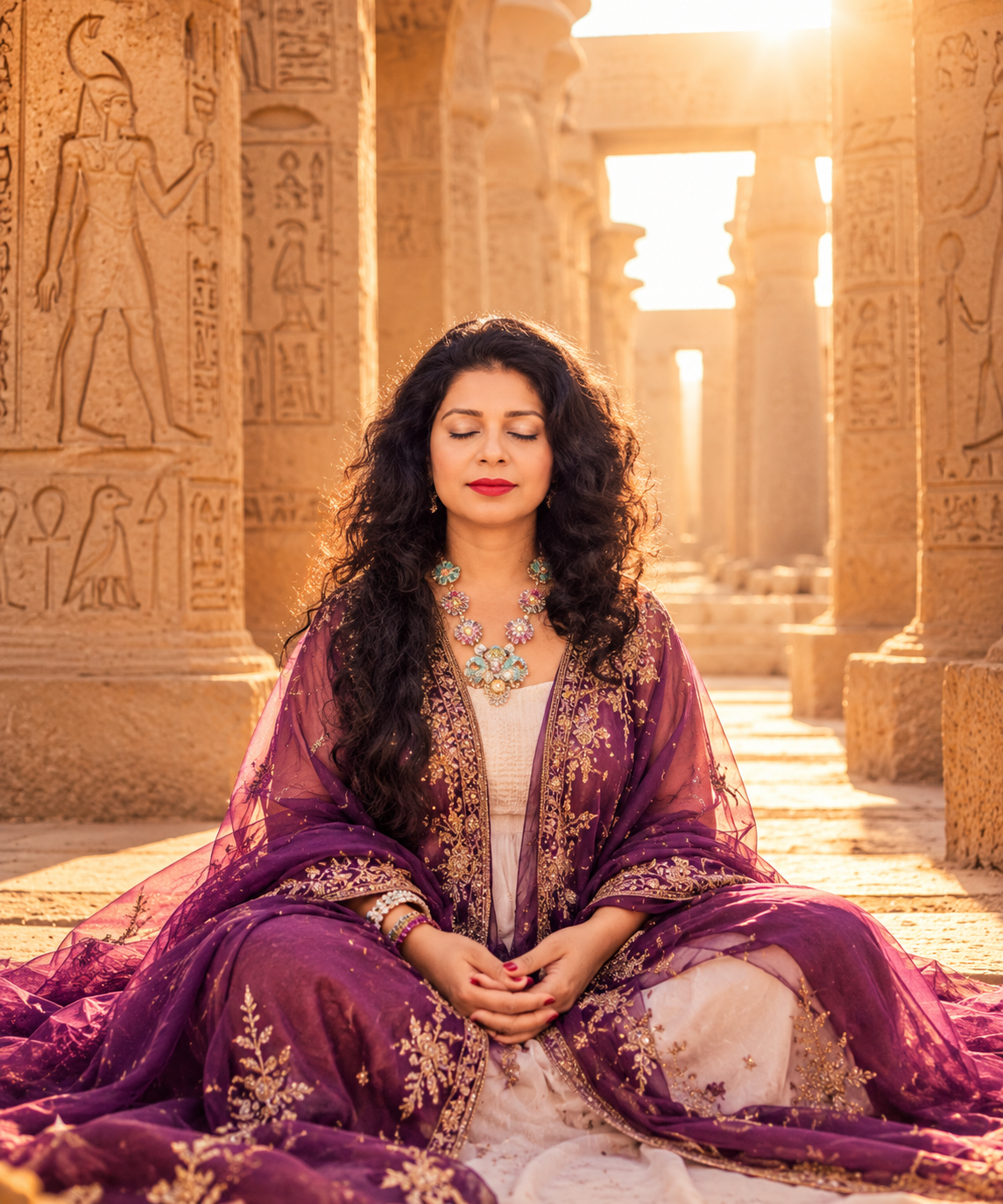 Dr. Bindu meditating in an Egyptian temple hall at sunrise
