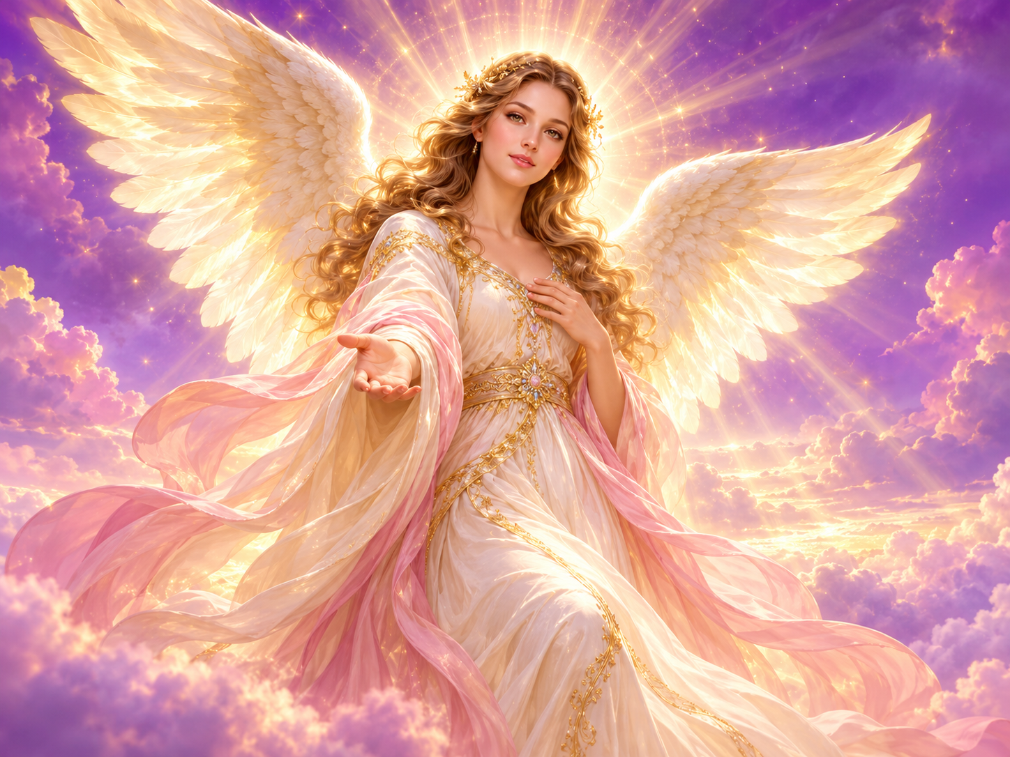 A radiant angel with golden wings above soft pink clouds
