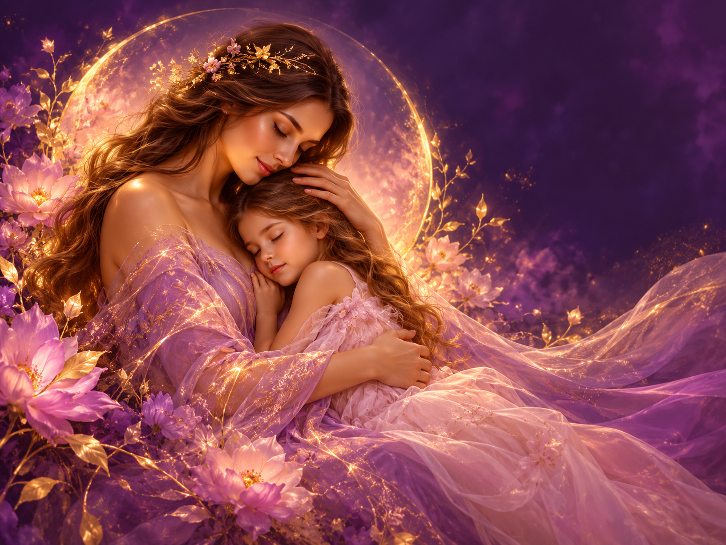 A mother holding her sleeping daughter, framed by a glowing moon and purple blossoms