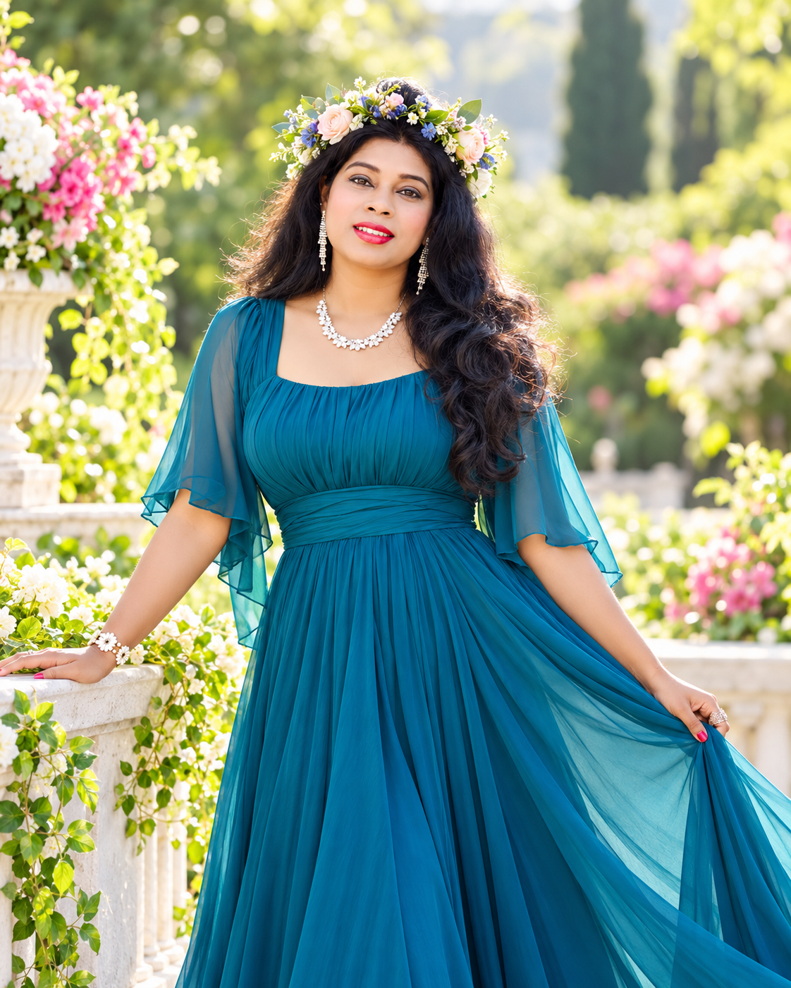 Dr. Bindu in a teal gown in a sunlit garden